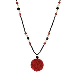 Black Onyx, Red Jade, White Freshwater Pearl and Cinnabar Pendant Endless Necklace