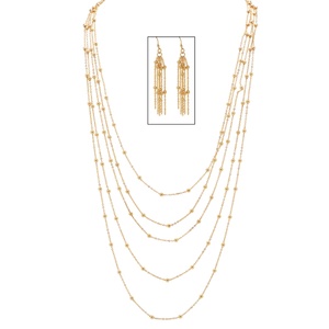 PalmBeach Jewelry 2 Piece Multi-Chain Beaded Station Necklace and Drop Earrings Set in Yellow Gold Tone 33"