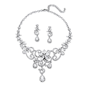 PalmBeach Jewelry 2 Piece Swirl and Flower Crystal Necklace and Earrings Set in Platinum-Plated