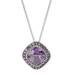 PalmBeach Jewelry 4.59 TCW Cushion-Cut Bezel-Set Amethyst Cubic Zirconia Pave Halo Pendant Necklace in Silvertone 16"