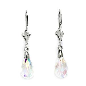 14k White Gold 9x6mm Clear Swarovski Element Crystal Pear Drop Leverback Earrings - Measures 29x6mm