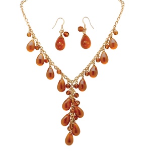 PalmBeach Jewelry 2 Piece Pear-Shaped Amber Beaded "Y" Necklace and Drop Earrings Set in Yellow Gold Tone