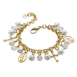 PalmBeach Jewelry Round Simulated Pearl and Crystal Religious Charm Bracelet in Gold Tone 8"