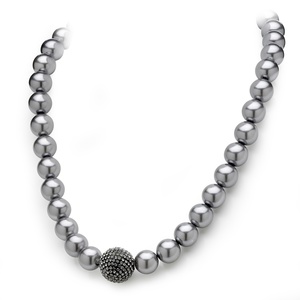 PalmBeach Jewelry Simulated Grey Pearl and Multi-Crystal Accent Black Rhodium-Plated Necklace Adjustable 18&quot; to 21&quot;