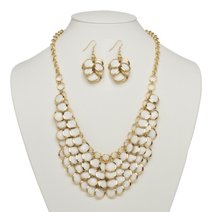 PalmBeach Jewelry 2 Piece White Bib Necklace and Cluster Earrings Set in Yellow Gold Tone