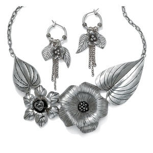 PalmBeach Jewelry Silvertone Antique-Finish Flower and Leaf Bib Necklace and Earrings Set