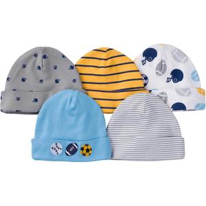 Gerber Newborn Boys' 5-Pack Caps - Sports & Striped