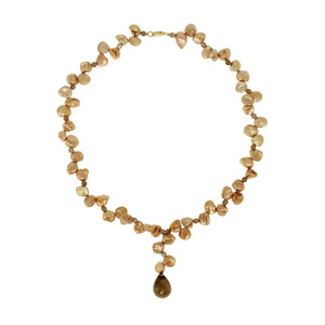Genuine Champagne Color Freshwater Keshi Pearl w/ Smokey Quartz Bead &quot; Y &quot; Gold Over Silver Necklace