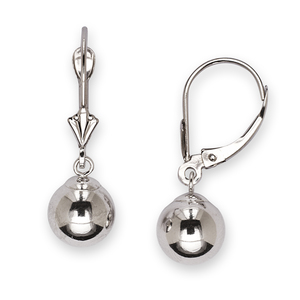 14k White Gold Large Ball Drop Leverback Earrings - Measures 29x9mm