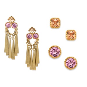 PalmBeach Jewelry Champagne and Pink Crystal 3-Pair Stud and Tassel Drop Earrings Set in Matte Gold Tone