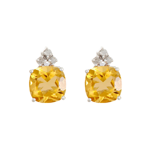 Ladies Sterling Silver 8mm Cushion Cut Genuine Citrine and .10 cttw Diamond Earrings