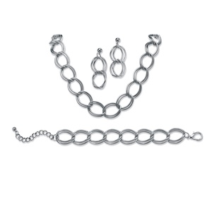 PalmBeach Jewelry 3 Piece Double Curb-Link Necklace  Bracelet and Earrings Set in Silvertone