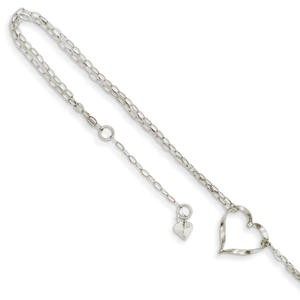 14k White Gold Double Strand Heart Anklet - 9 Inch