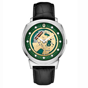 Accutron II Alpha Mens Black Leather Strap Green Dial