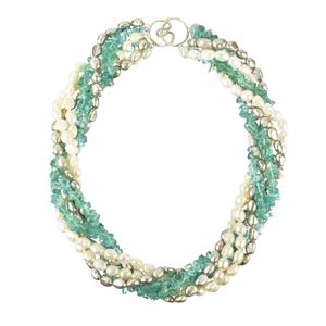 Lita Sterling Silver Multi Row Torsade With Aquamarine Chips and Grey And White Pearls