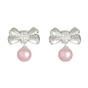 Ladies Sterling Silver .20 cttw Diamond Bow and Genuine Pink Pearl Dangle Earrings