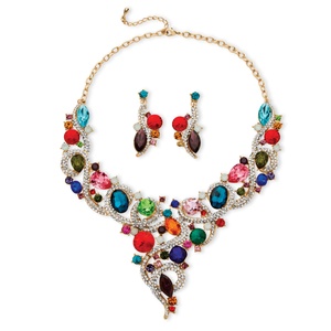 PalmBeach Jewelry Multicolor Crystal Bib Necklace and Earrings Jewelry Set in Gold Tone