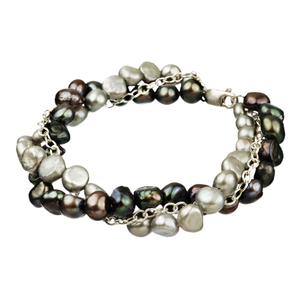 Lita Three Row Sterling Silver Chain And Silver Grey Pearl Bracelet