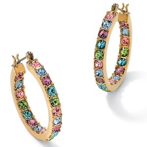 PalmBeach Jewelry Multi-Color Crystal Inside Out Hoop Earrings in Yellow Gold Tone