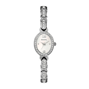 Womens Oval Stainless Steel Crystal Watch Mother-of-Pearl Dial