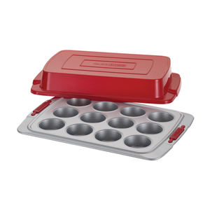 Cake Boss 12 Cup Covered Cupcake Pan w/ Red Silicone Grips