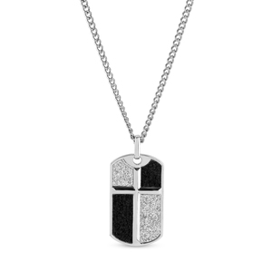 Sterling Silver and Black Glitter Cross Dog Tag Pendant with 24 Inch Steel Curb Chain