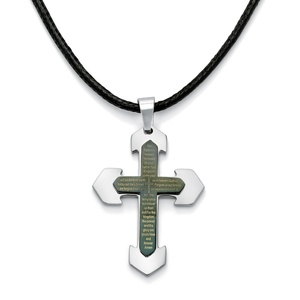 PalmBeach Jewelry Men's Stainless Steel Black ION-Plated Lord's Prayer Cross Pendant Fabric Cord Adjustable 17&quot; to 20&quot;