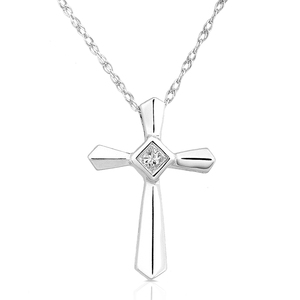 Kobelli Solitaire Princess Diamond Accent Holy Cross Pendant in 14K White Gold - 18" Lightweight Rolo Chain