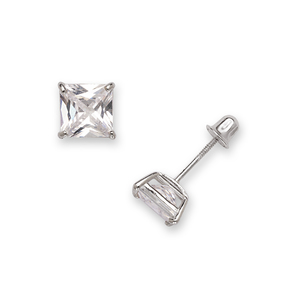 14k White Gold 7mm Square Princess Cubic Zirconia Screwback Earrings