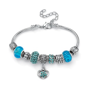 PalmBeach Jewelry Aqua Crystal Bali-Style Beaded Charm and Spacer Bracelet in Silvertone 8&quot;