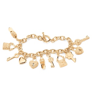 PalmBeach Jewelry Round Crystal 14k Yellow Gold-Plated Shoe Purse Heart Lock and Key Charm Bracelet 7 1/2"