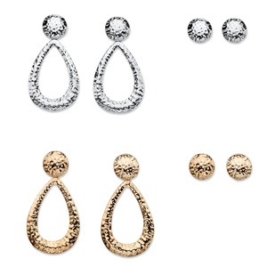 PalmBeach Jewelry Hammered-Style Four-Pair Set of Stud and Drop Earrings in Gold Tone and Silvertone