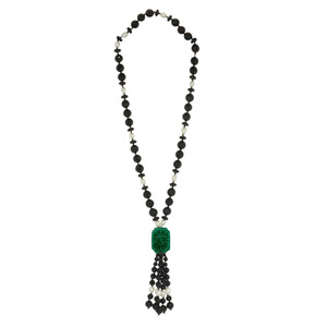 Genuine Black Onyx, Freshwater Pearl & Dyed Green White Agate Carved Pendant Necklace