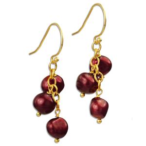 Lita Gold Plated Sterling Silver Cranberry Colored Cultured Fresh Water Pearl Triple Drop Earrings