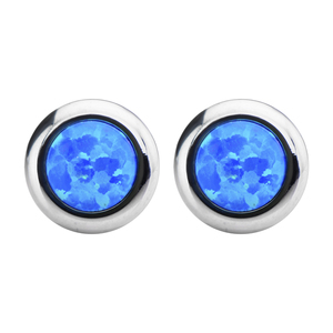 Inox Jewelry Women's Stainless Steel Bezel Set Blue Synthetic Opal Stud Earrings