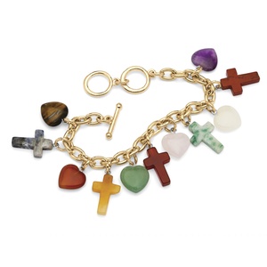 PalmBeach Jewelry Multi-Colored Jade Heart and Cross Charm Bracelet in Yellow Gold Tone