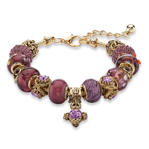 PalmBeach Jewelry Purple Crystal Bali-Style Beaded Charm Bracelet in Antiqued Gold Tone 8&quot;-10&quot;