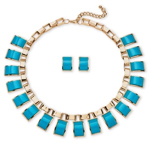 PalmBeach Jewelry 2 Piece Teal Rectangle Necklace and Earrings Set in Yellow Gold Tone