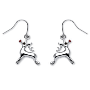PalmBeach Jewelry Rudolph Reindeer Red Crystal Drop Earrings in Silvertone