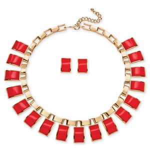 PalmBeach Jewelry 2 Piece Salmon Rectangle Necklace and Earrings Set in Yellow Gold Tone