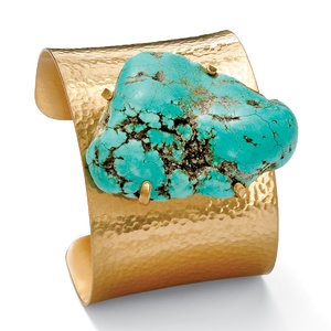 PalmBeach Jewelry Genuine Turquoise Nugget Hammered Cuff Bracelet in Yellow Gold Tone