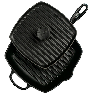 Enameled Cast Iron Panini Press & Signature Square Skillet Grill Set Matte Blck