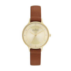 Womens Anita Gold-Tone Watch Brown Leather Strap