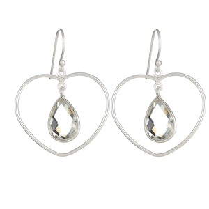 Ladies Sterling Silver Heart Shaped Crystal Quartz Dangle Earrings