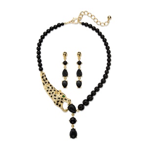 PalmBeach Jewelry Genuine Black Onyx and Crystal  2-Piece Beaded Leopard Necklace and Drop Earrings Set in Gold Tone 18&quot;-22&quot;