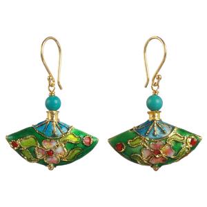 Lita Gold Plated Sterling Silver Cloisonne Fan Bead and Turquoise Earrings