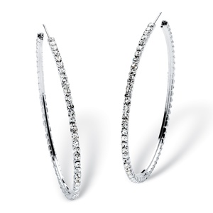 PalmBeach Jewelry Round Crystal Silvertone Hoop Earrings 3&quot; Diameter