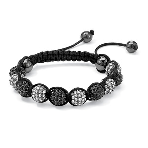 PalmBeach Jewelry Round Black and White Crystal Glass Ball Macrame Rope Tranquility Bracelet Adjustable 8&quot; to 10&quot;