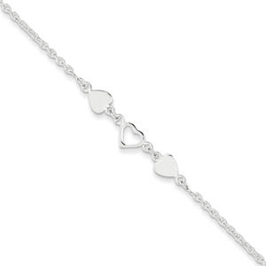 Sterling Silver Heart Link Anklet - 9 Inch - Lobster Claw