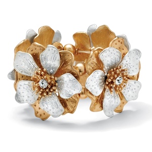 PalmBeach Jewelry Flower and Crystal Stretch Bracelet in Silvertone and Yellow Gold Tone 8"